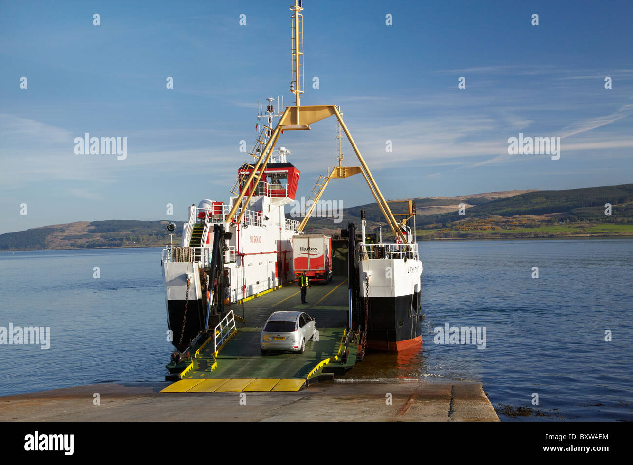 Lochaline - Fishnish Car and Passenger Ferry at Fishnich, Isle of Mull, and Sound of Mull, Scotland, United Kingdom Stock Photo