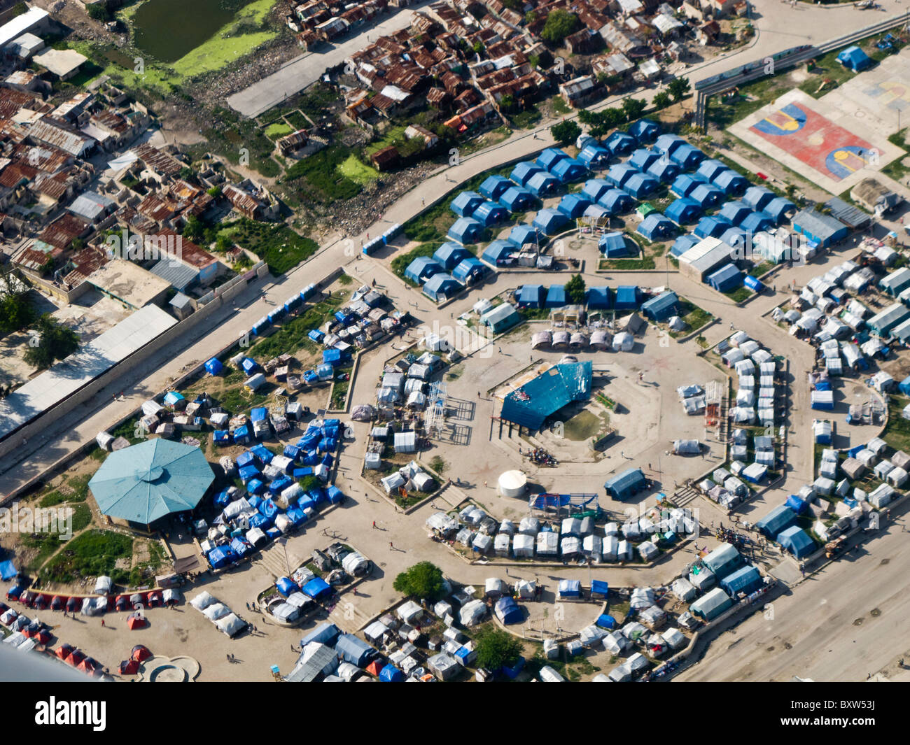 Aerial photo of a tent city in Port-au-Prince. Taken on departure from Toussaint Louverture International Airport, Haiti Stock Photo