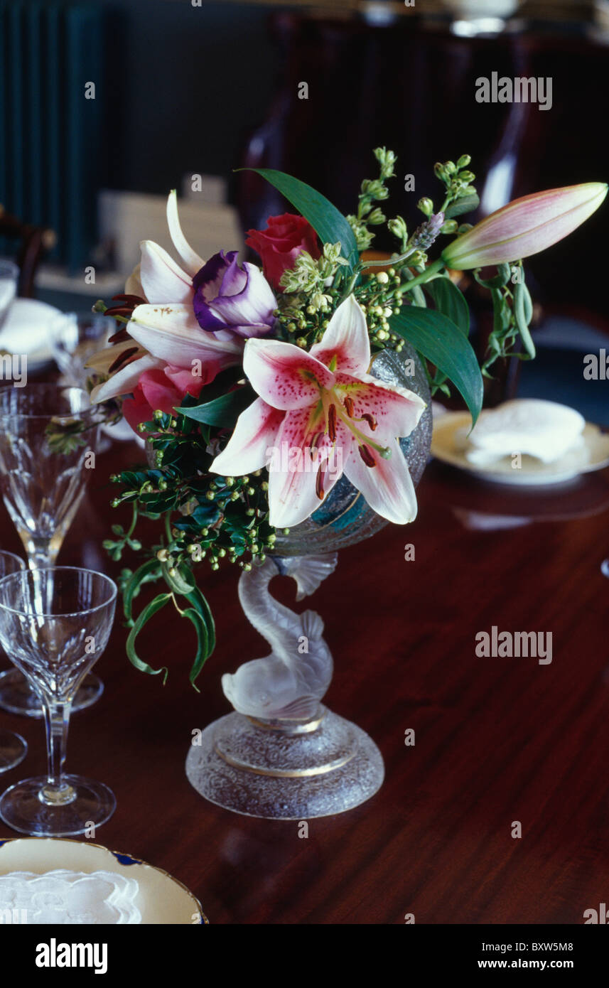 Still Life Of Pink Lilies In Glass Vase In Informal Floral Stock