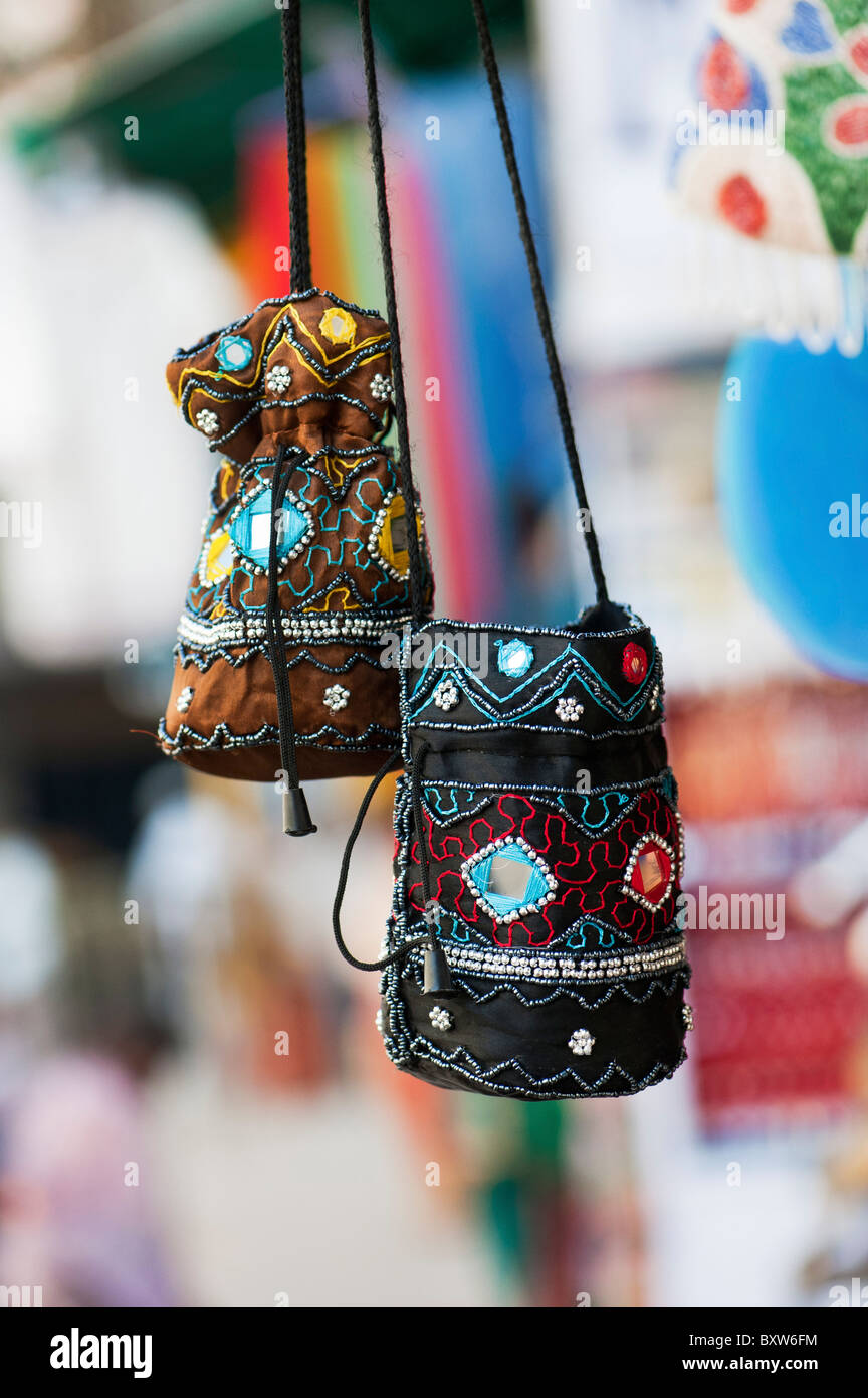 Indian handmade colourful fabric bags for sale on an Indian street Andhra  Pradesh India Stock Photo  Alamy