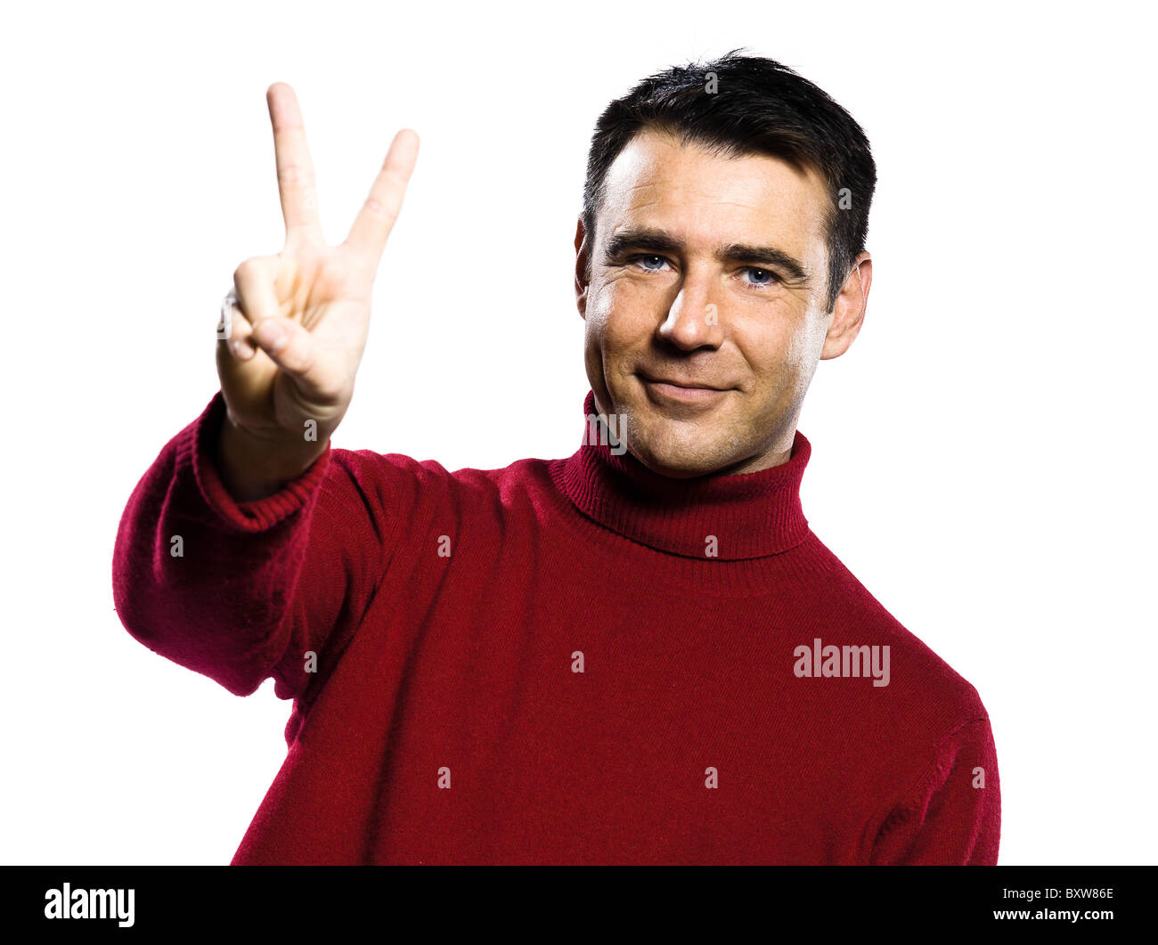 caucasian man 2 two  counting showing  fingers  gesture studio portrait on isolated white backgound Stock Photo