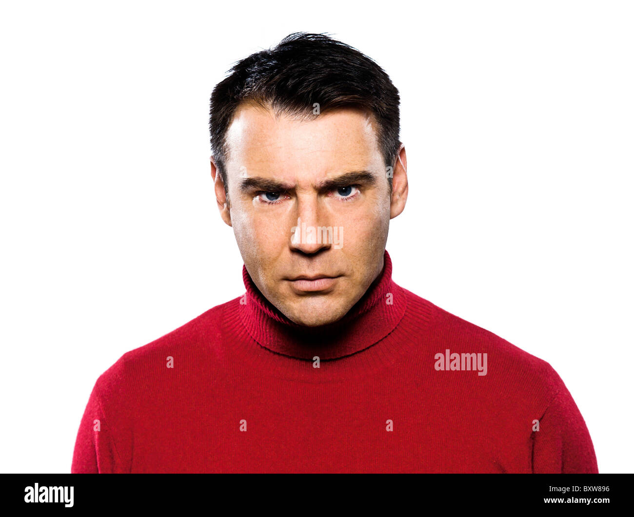 caucasian man anger frowning displeased studio portrait on isolated white backgound Stock Photo