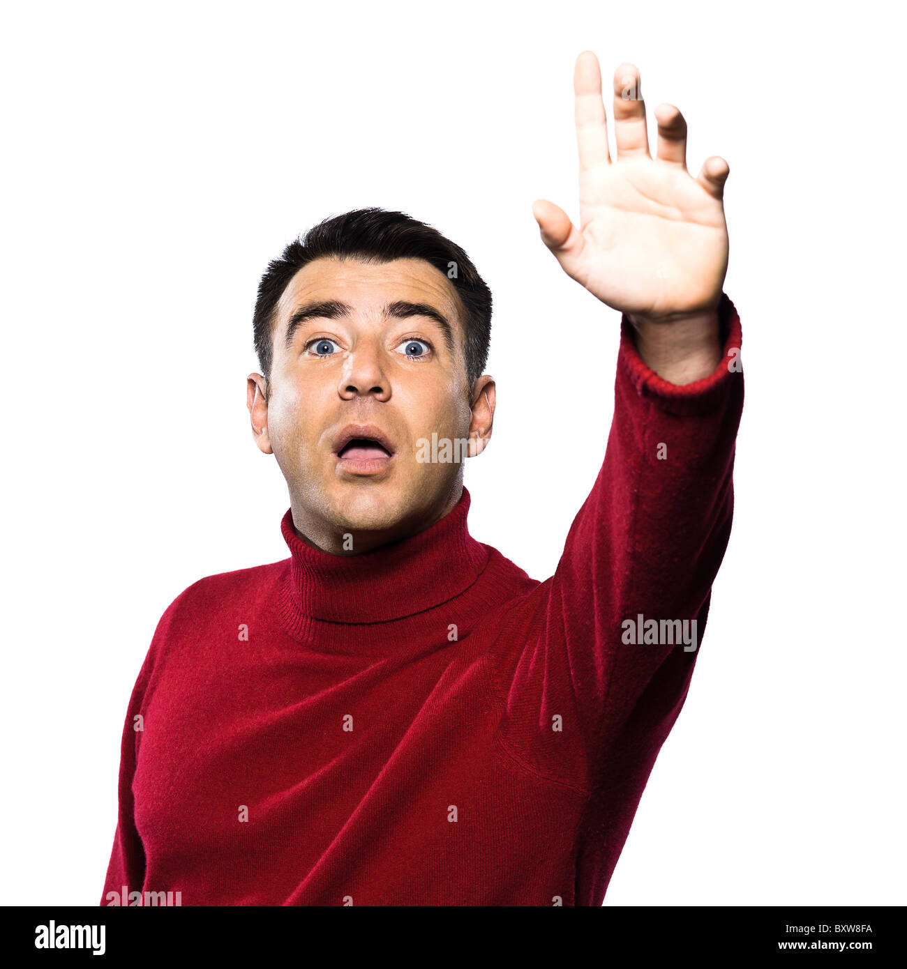 caucasian man hailing gesture studio portrait on isolated white backgound Stock Photo