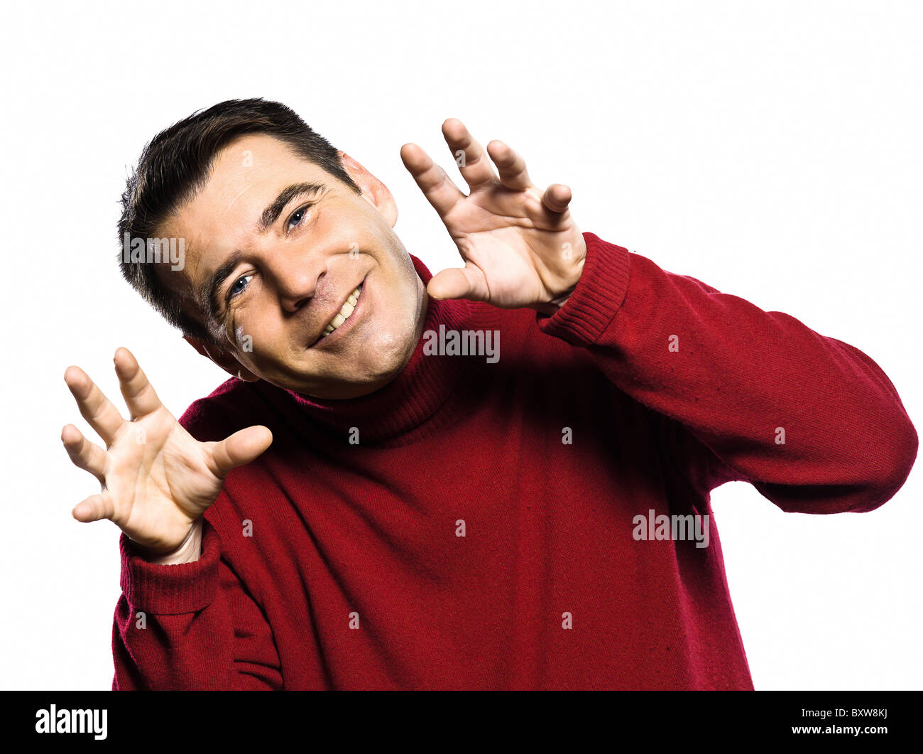 caucasian man  teasing childish  gesture studio portrait on isolated white backgound Stock Photo