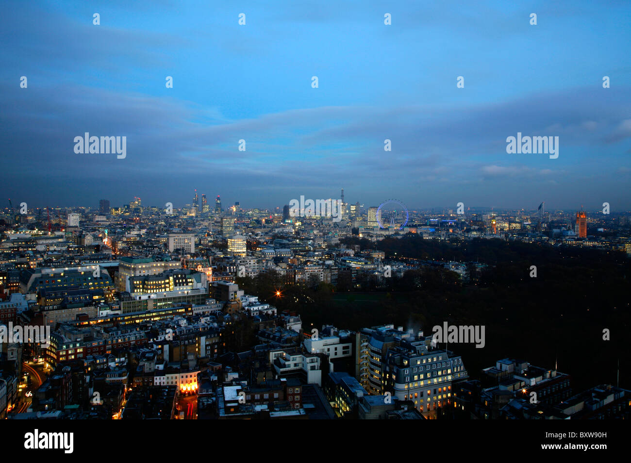 Panoramic view taken looking east to the West End, Houses of Parliament, London Eye and the City of London, London, UK Stock Photo