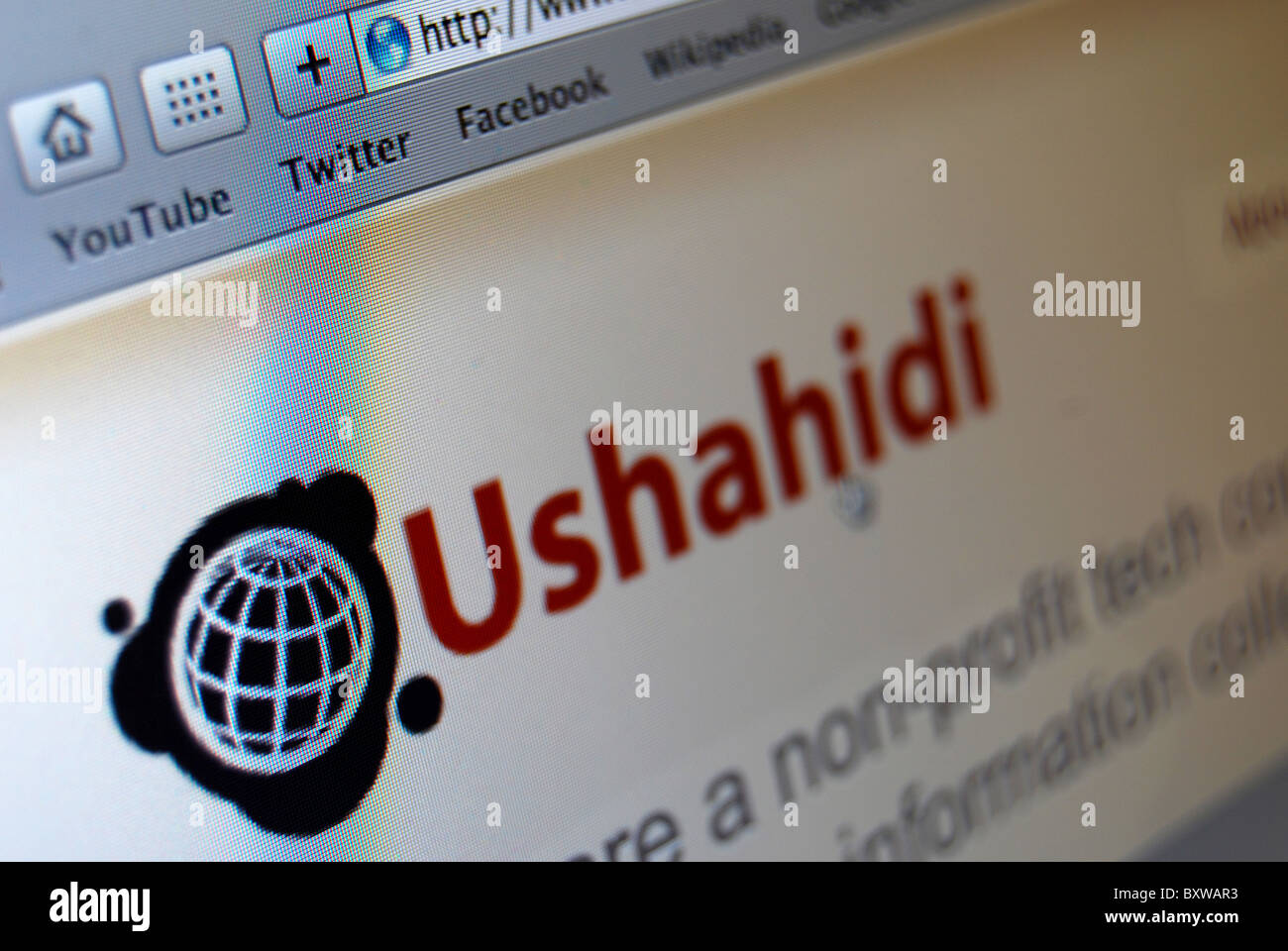 A photo illustrations of the Ushahidi non-profit software company website makers of free and open source software Stock Photo