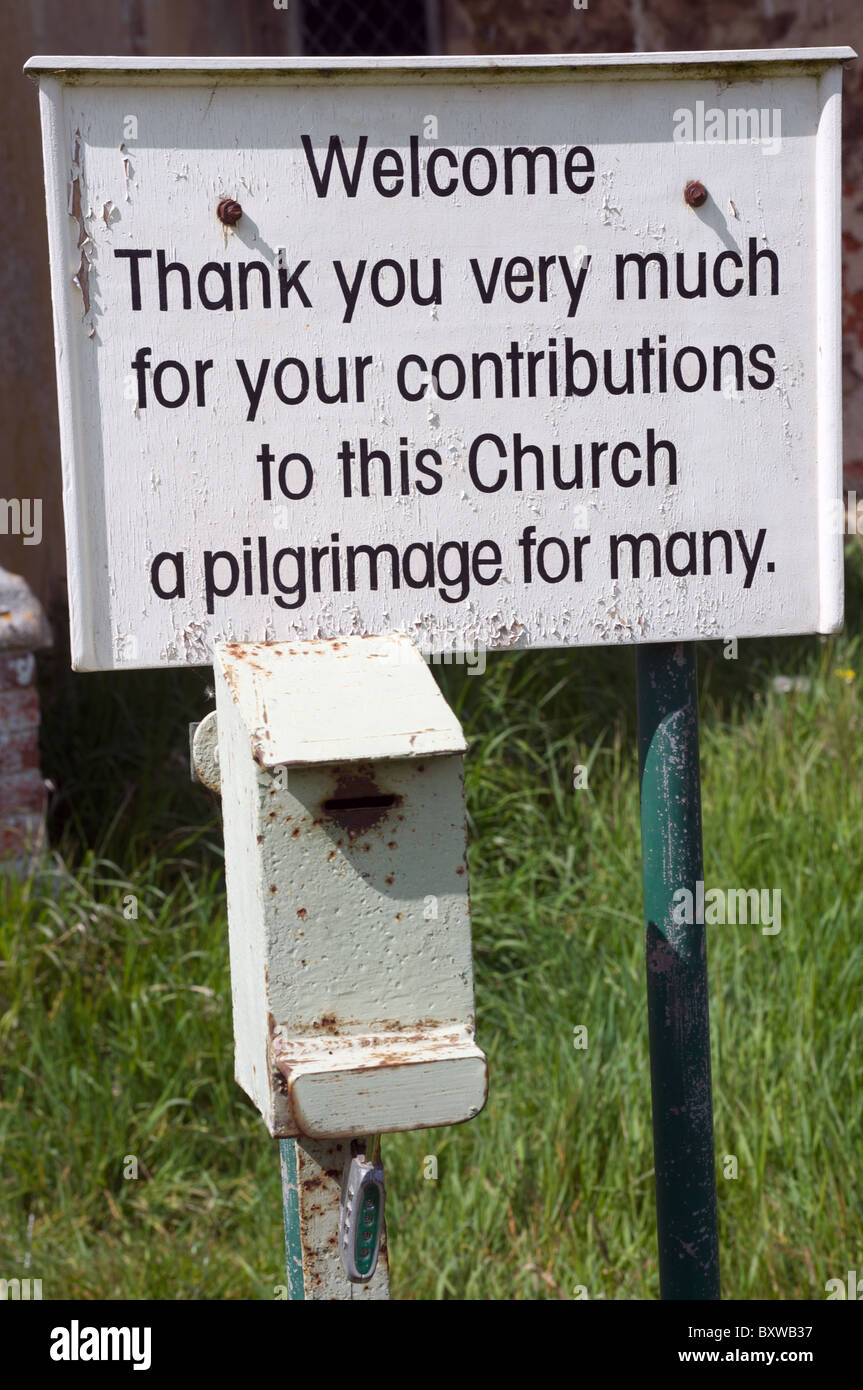 Contributions box outside Iken church, Suffolk, UK. Stock Photo
