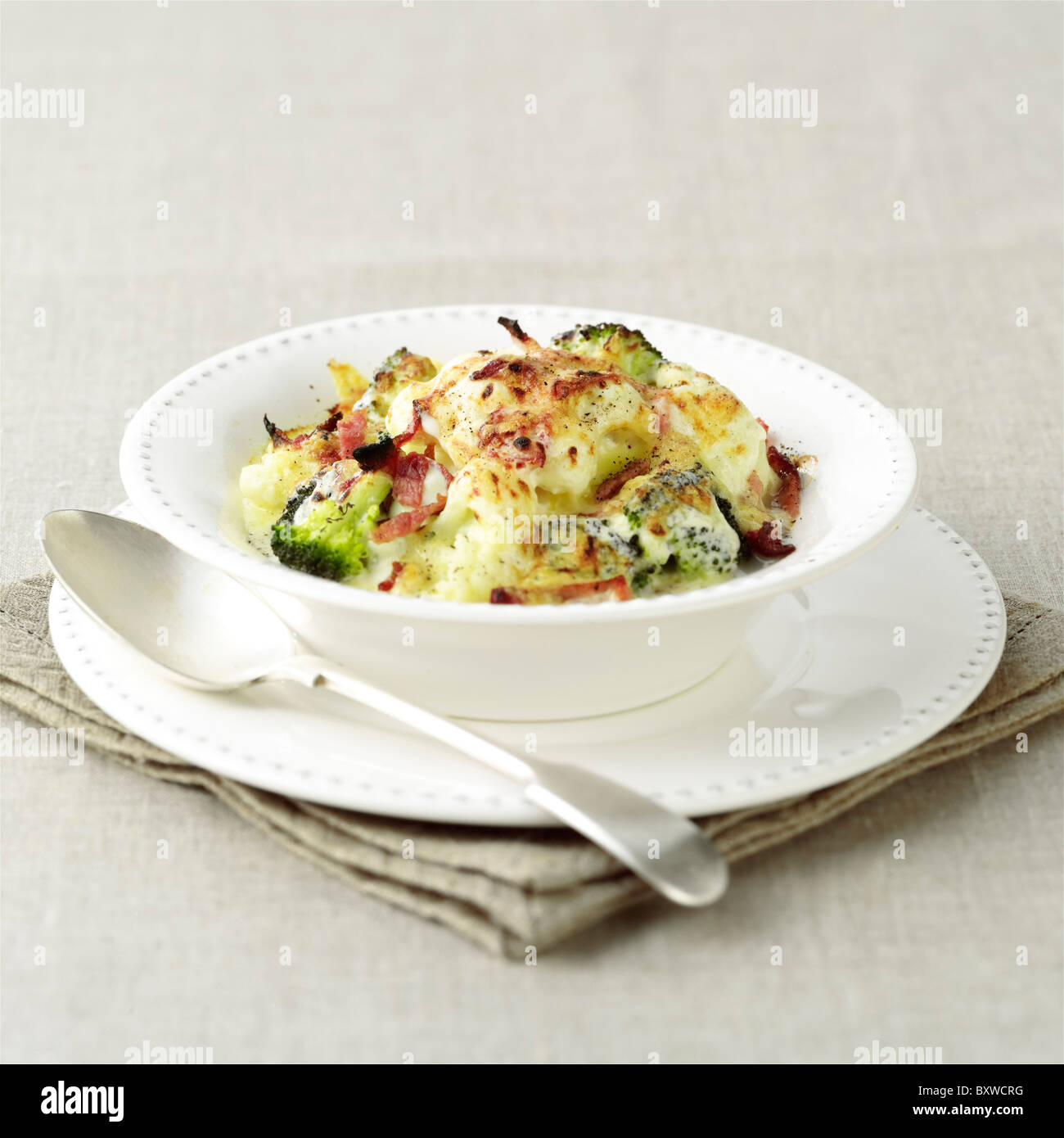 Cauliflower and broccoli cheese with bacon Stock Photo Alamy