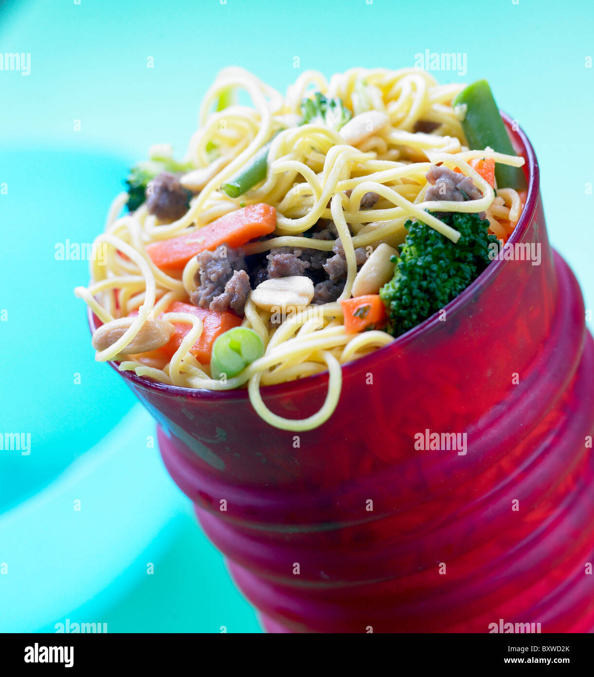 Kids noodles with mince and vegetables - Potty Noodles-With recipe Stock Photo