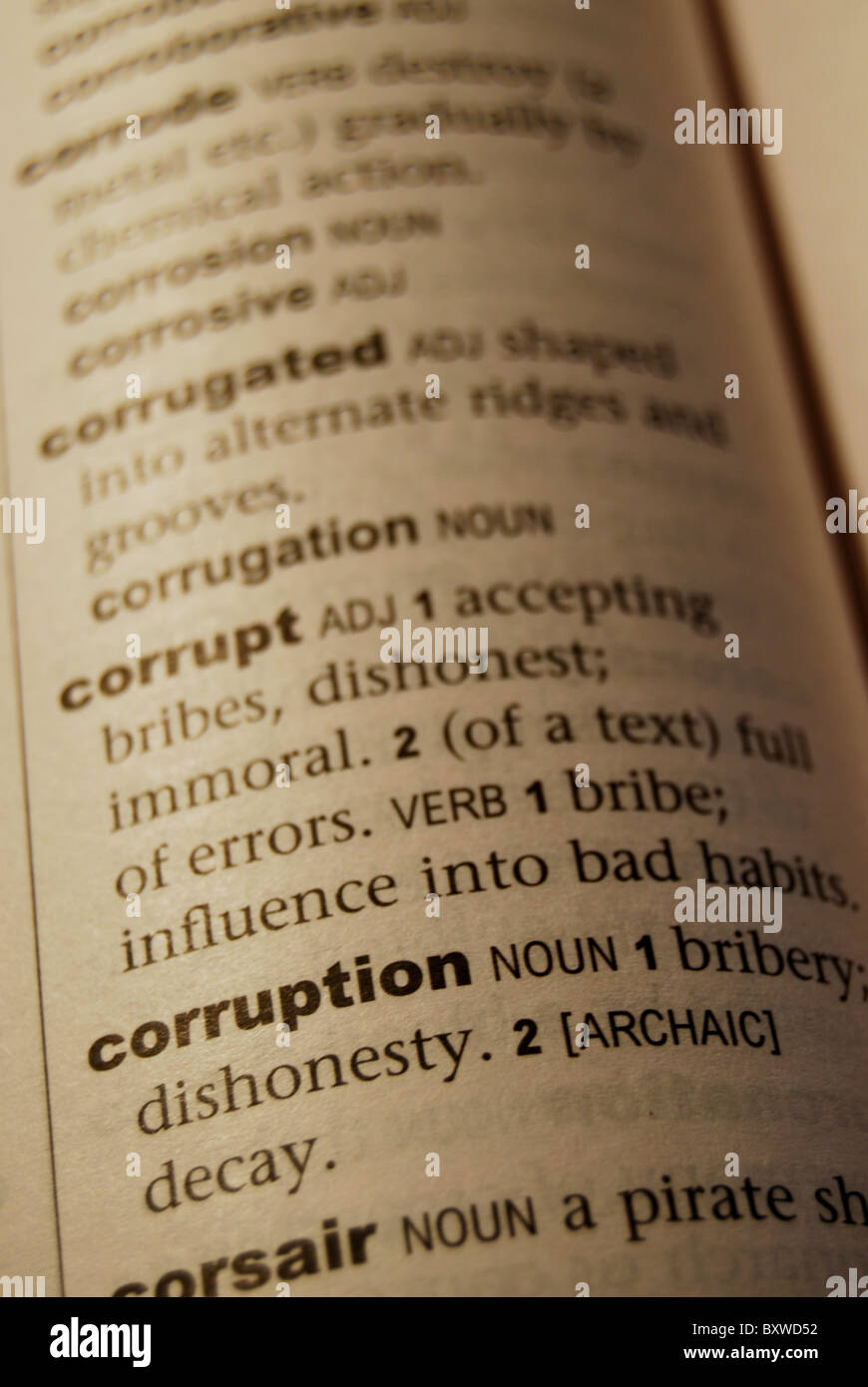 A detailed photo illustration of the Corruption word description in an English Dictionary. Stock Photo