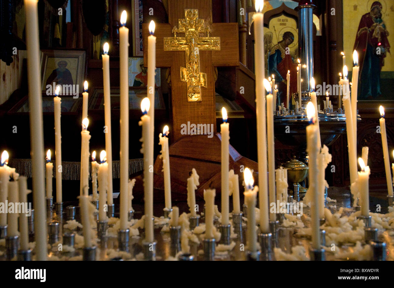 Candles and icons Greek Orthodox church Sydney Australia Stock Photo