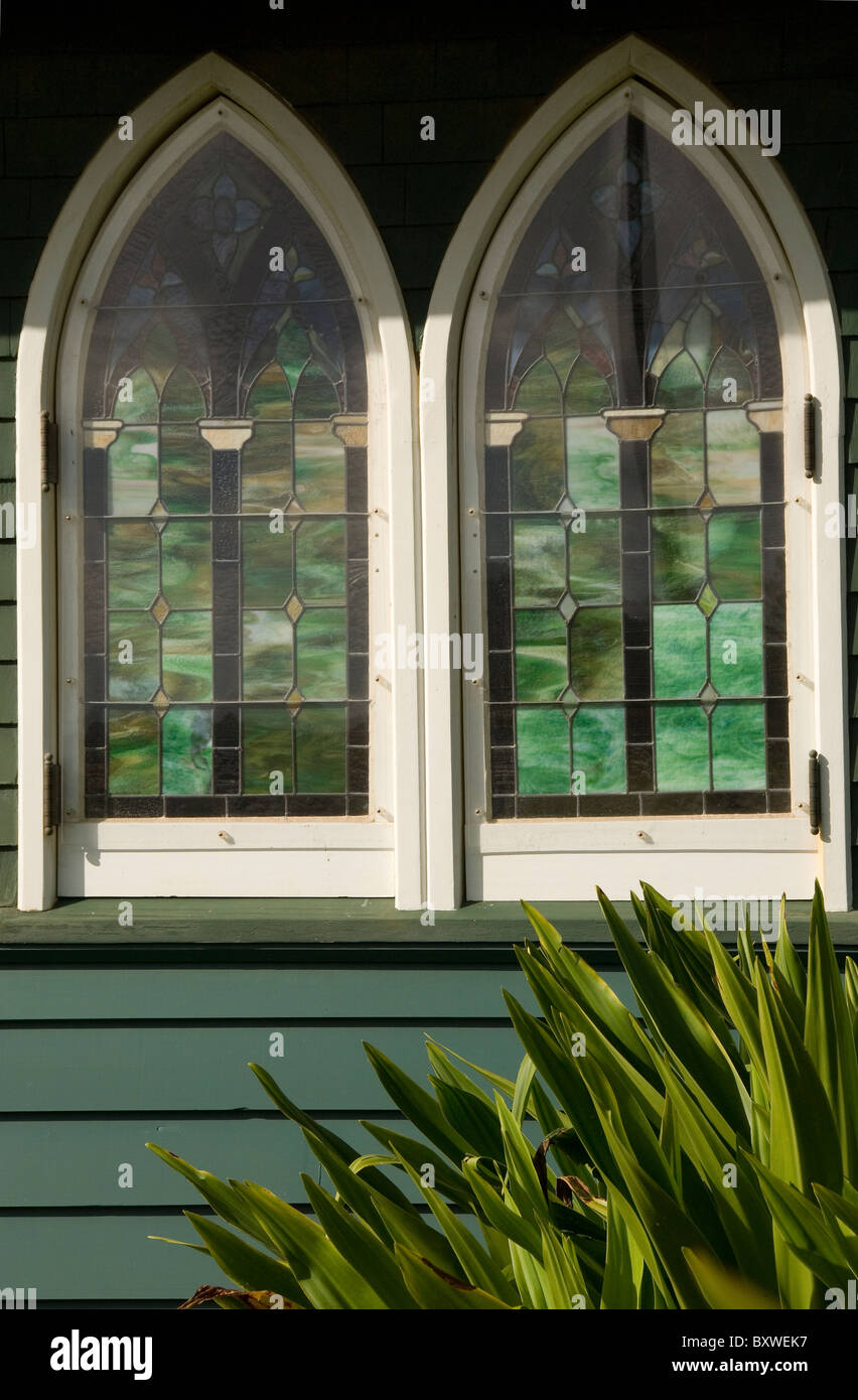 Two Stained Glass Arch Windows Stock Photo Alamy
