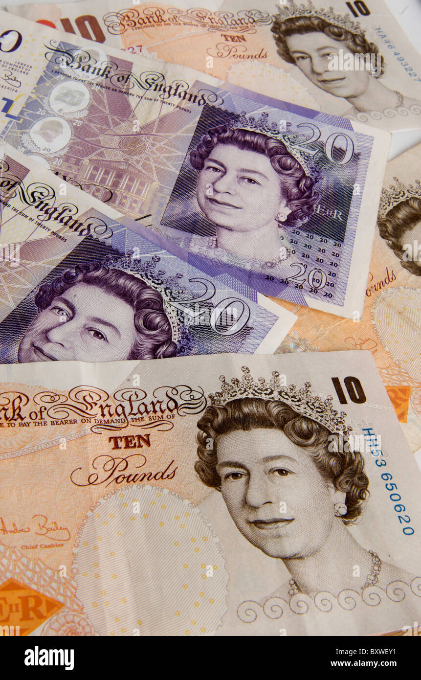 Pound sterling UK money banknotes. Stock Photo