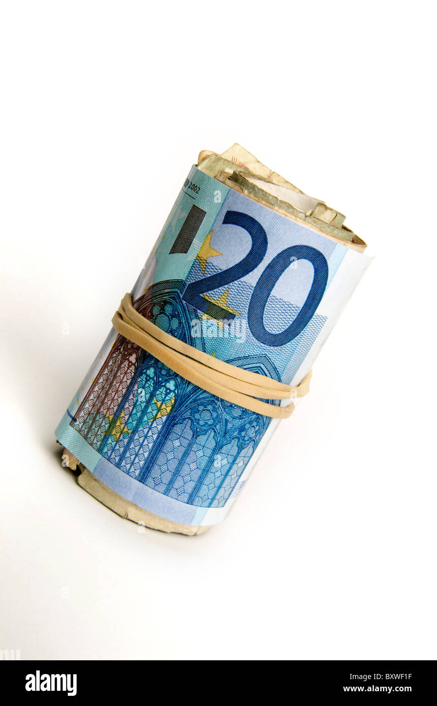 Rolled bunch of euro banknotes. Stock Photo