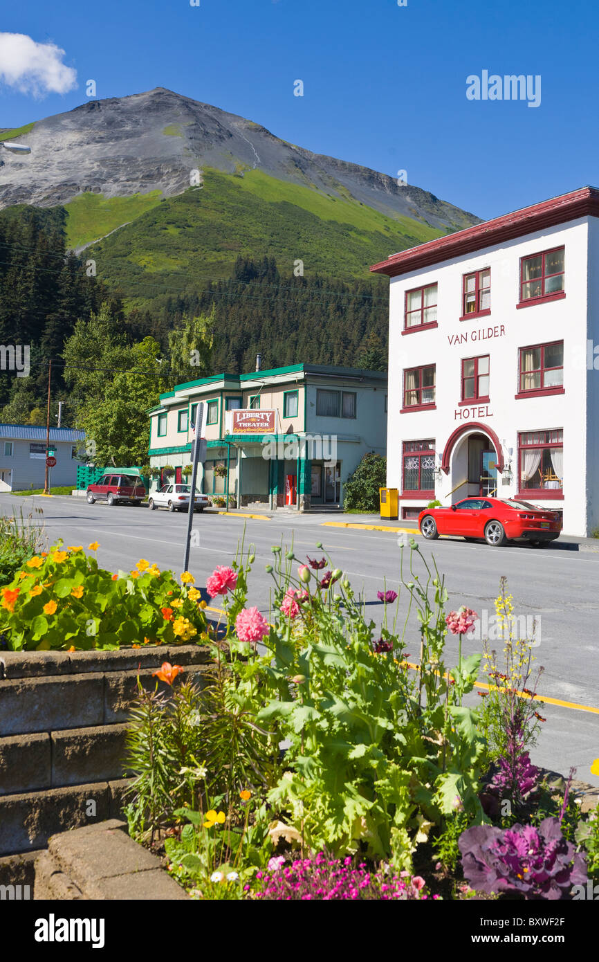 Street in downtown Seward Alaska with Mount Marathon in background Stock Photo Alamy
