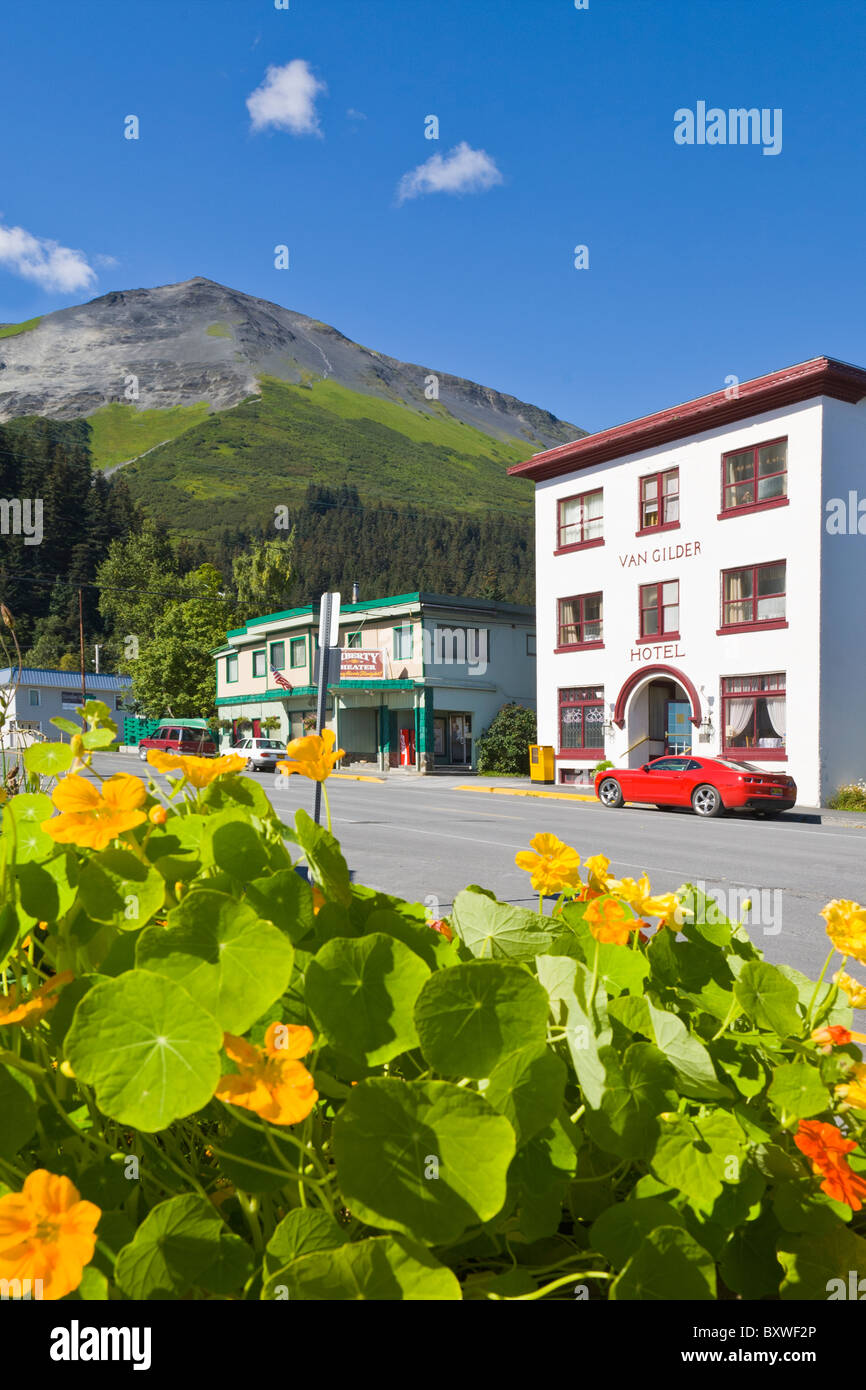 Street in downtown Seward Alaska with Mount Marathon in background Stock Photo Alamy