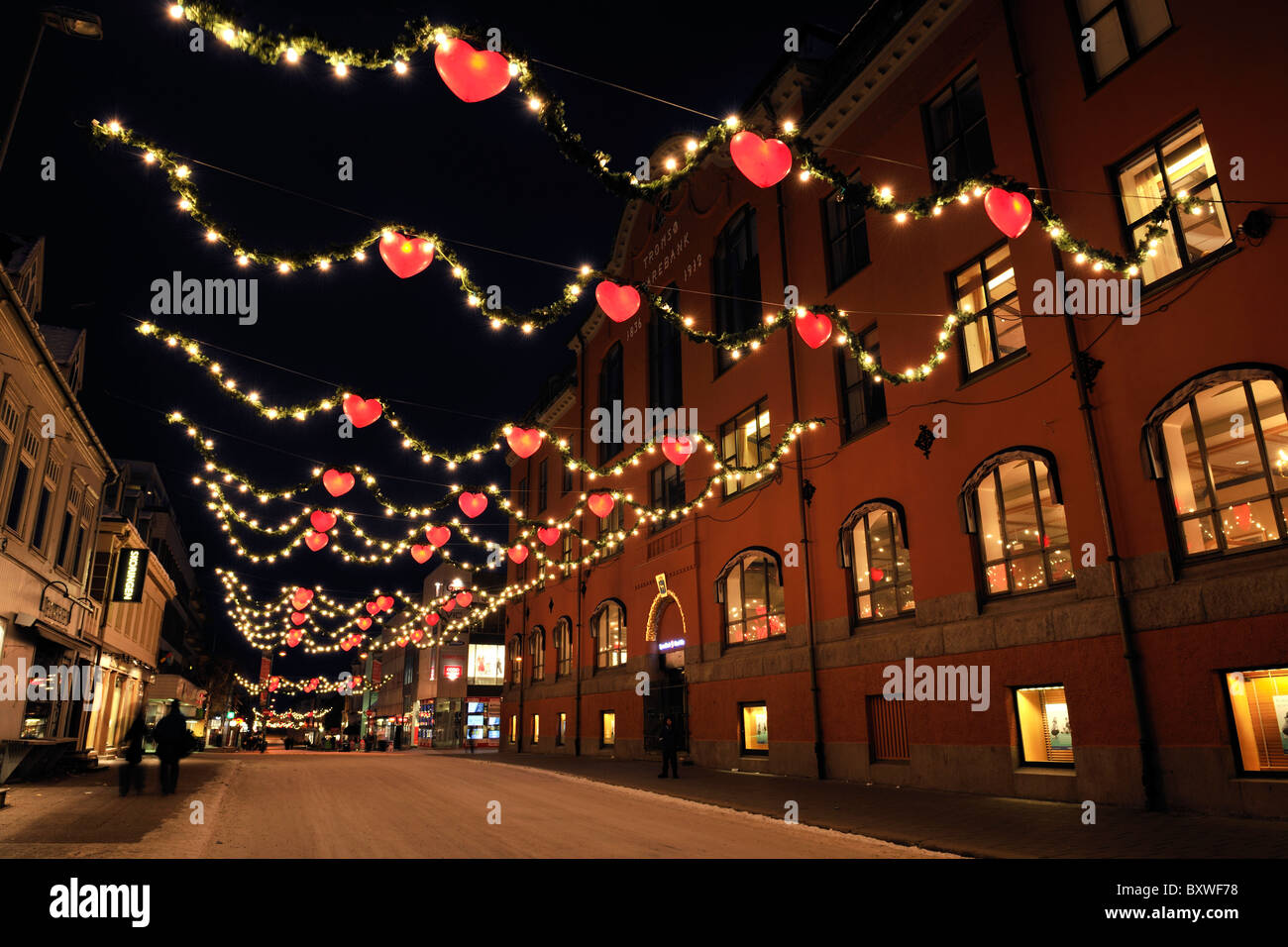 Christmas decoration in the main street Storgata in the city Tromso, North Norway Stock Photo