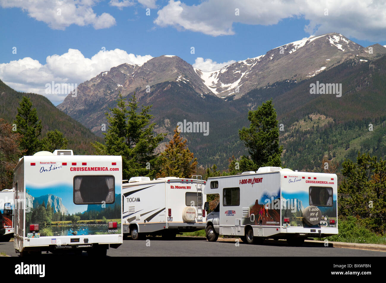 Rental motorhomes in Rocky Mountain National Park, Colorado, USA. Stock Photo