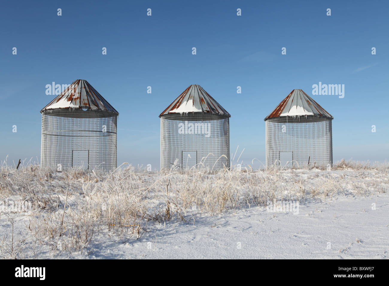 Old corn crib bins in snowy field in Iowa. Stock Photo