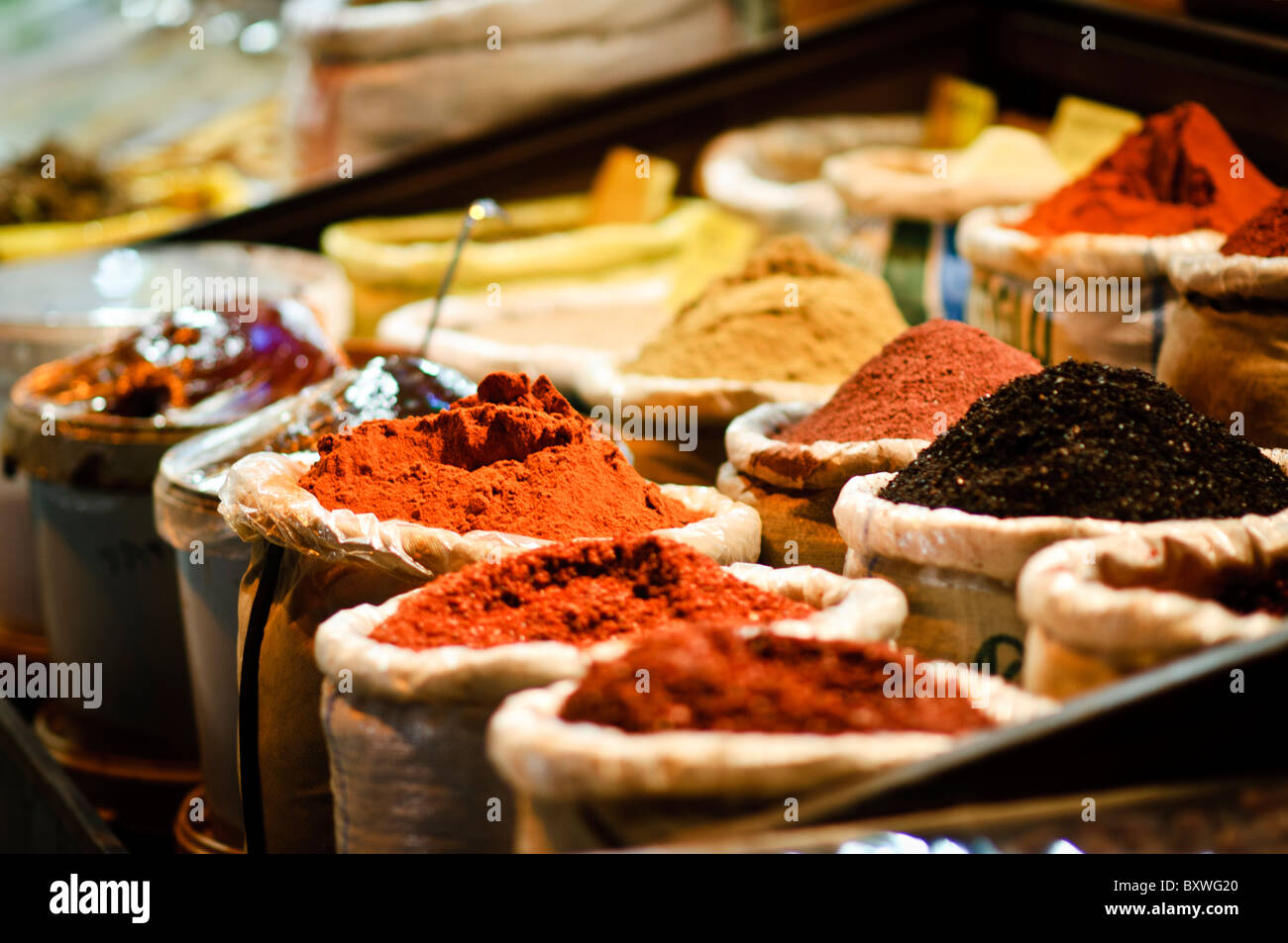 Various spices on sale at the Spice Bazaar (also known as the Egyption Bazaar) in Istanbul, Turkey. Stock Photo