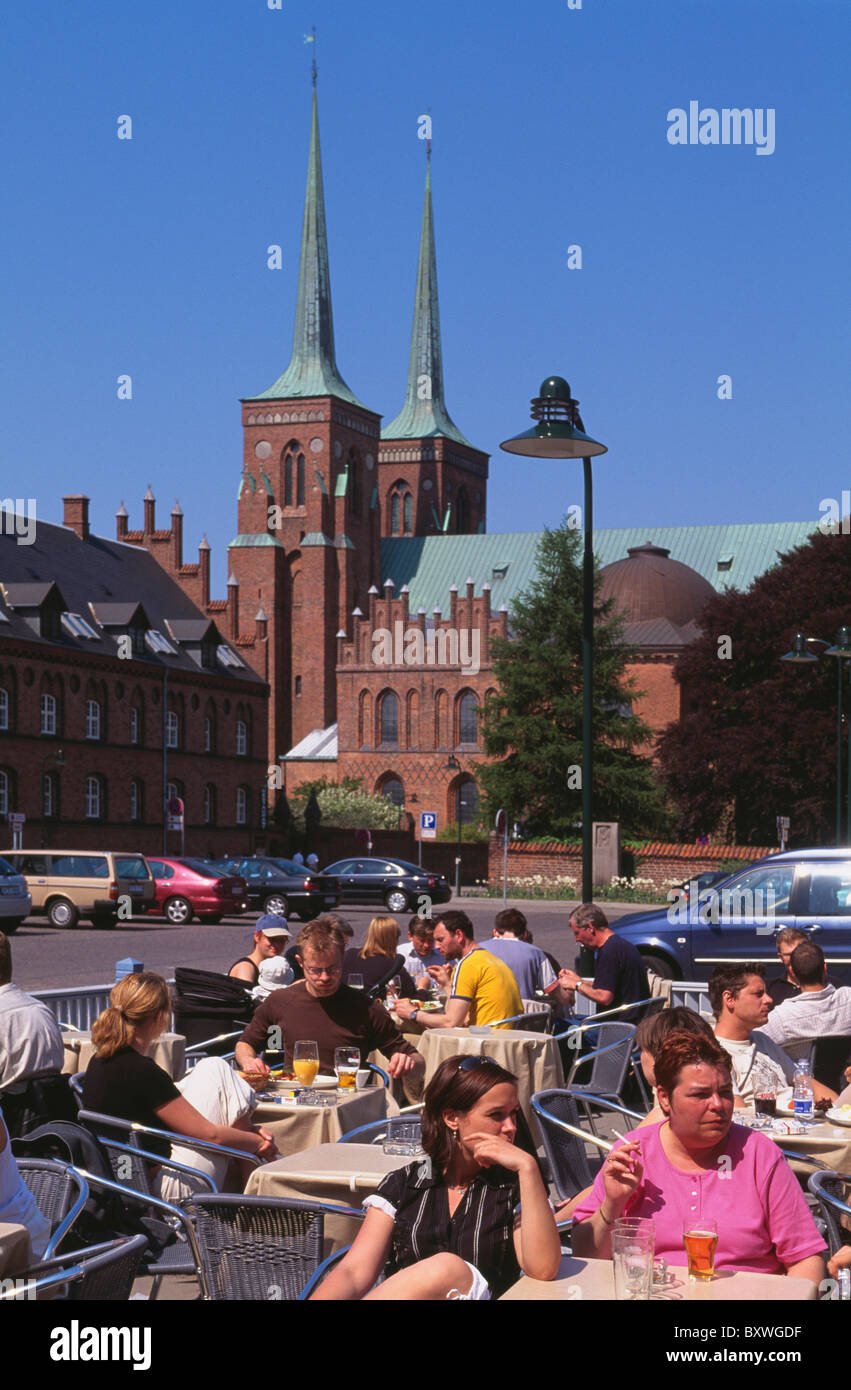 Cathedral and café in Roskilde near Copenhagen, Denmark Stock Photo