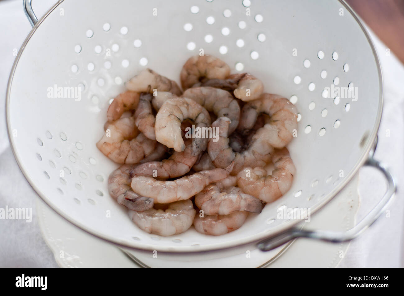 Raw hot water prawns draining in white enamel colander Stock Photo