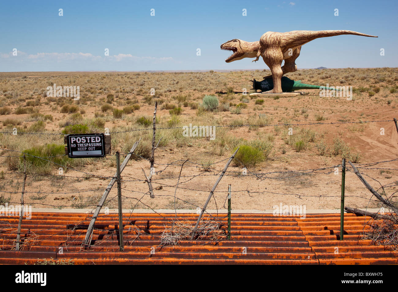 USA, Arizona, Holbrook, Dinosaur sculptures in desert along Route 66 with No Trespassing sign and road cattle guard Stock Photo