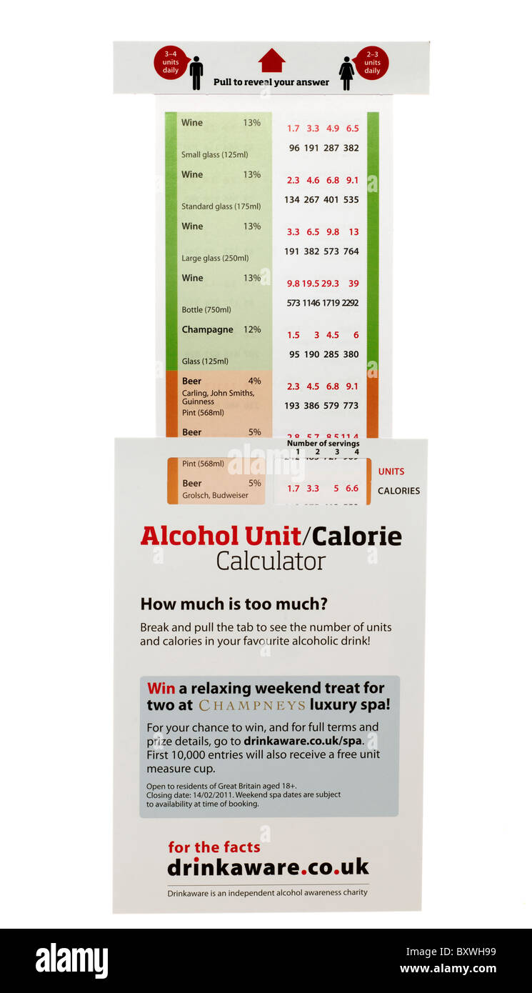 Alcohol unit calorie calculator card facts on drinking from drinkaware .co. uk an independent alcohol awareness charity Stock Photo - Alamy