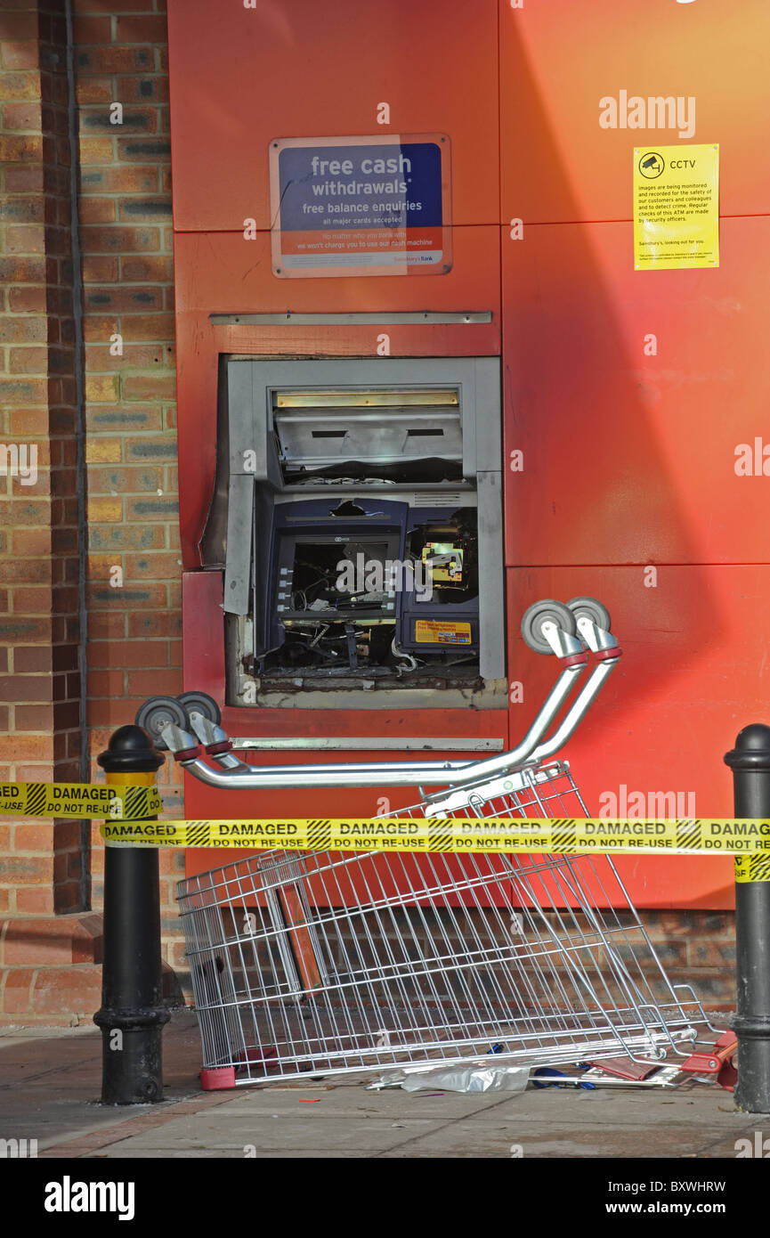 A vandalised cash machine at the West Hove branch of Sainsbury's Stock Photo