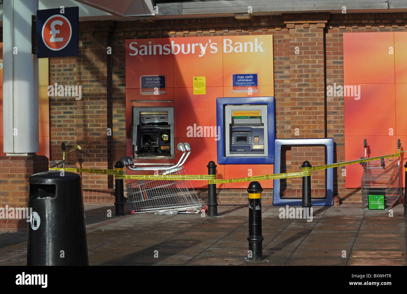 A vandalised cash machine at the West Hove branch of Sainsbury's Stock Photo