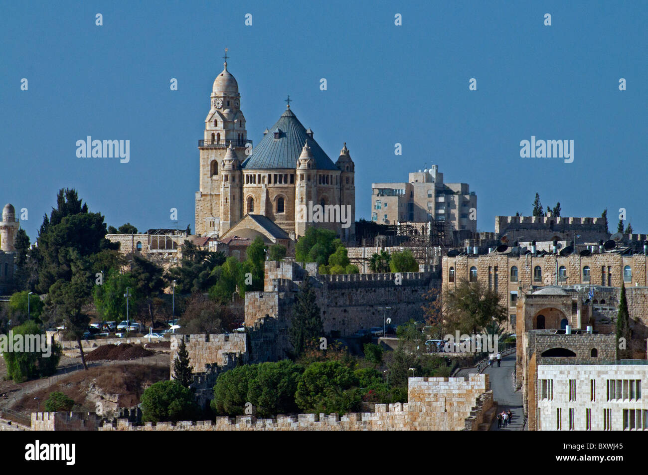 The Dormition Abbey is a massive structure on Mount Zion, just outside the Zion Gate of Jerusalem. Stock Photo