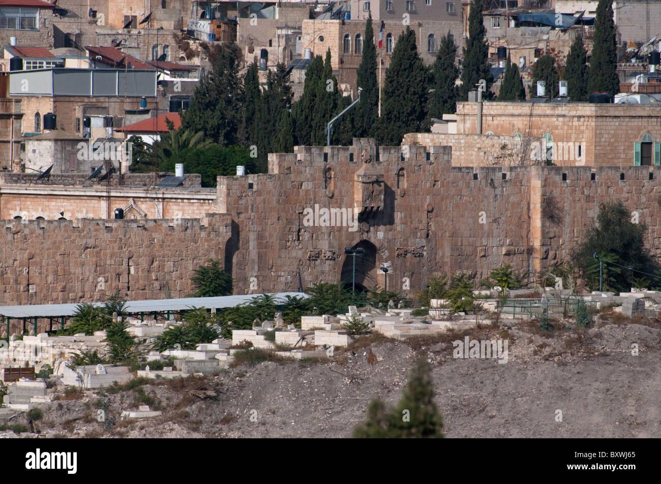 This gate is known as the Lion's Gate  or St. Stephen's Gate and leads into the walled portion of Jerusalem. Stock Photo