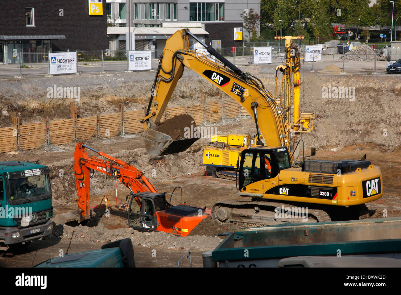 Construction site, foundation pit. Construction of an  office building. Essen, Germany. Stock Photo