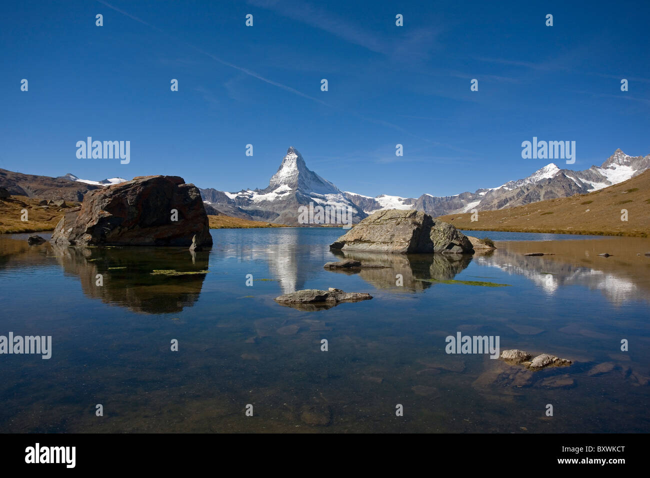 Matterhorn and the Stellisee lake, Fluhalp, Switzerland Stock Photo