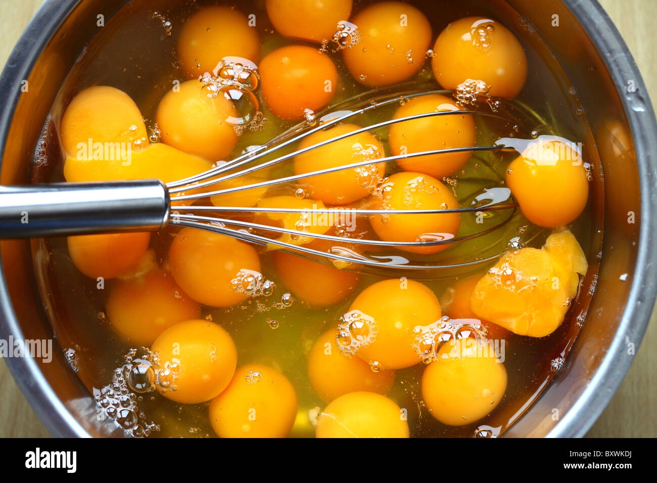 Raw eggs in a bowl, egg white and egg yolk, eggbeater, ready to whisk. Stock Photo