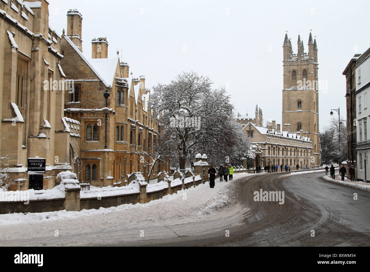 Magdalen College winter snow Oxford  university Stock Photo