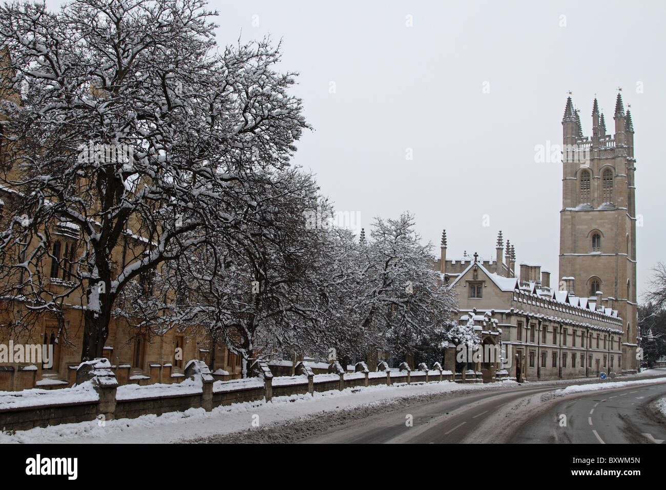 Magdalen College winter snow Oxford  university Stock Photo