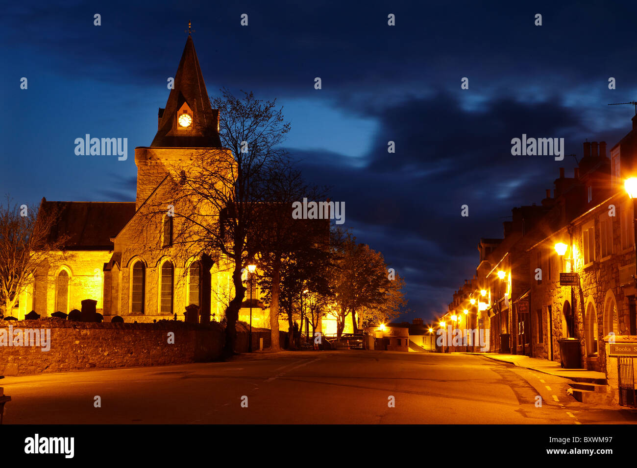 Dornoch Cathedral, floodlit at night (built in the 13th century), and