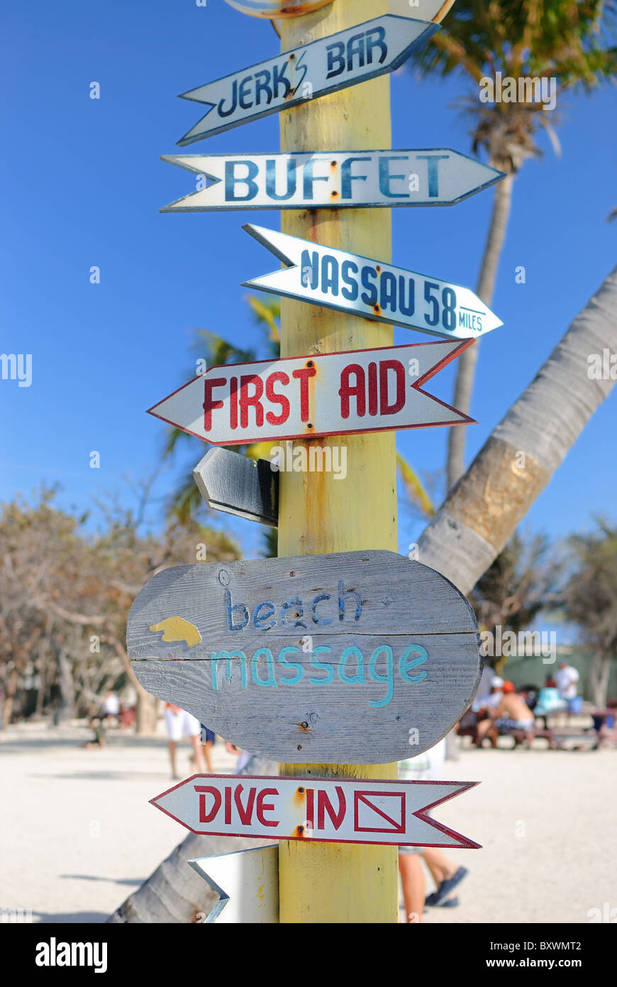Signs at the Bahama Islands indicating recreation activities. Stock Photo