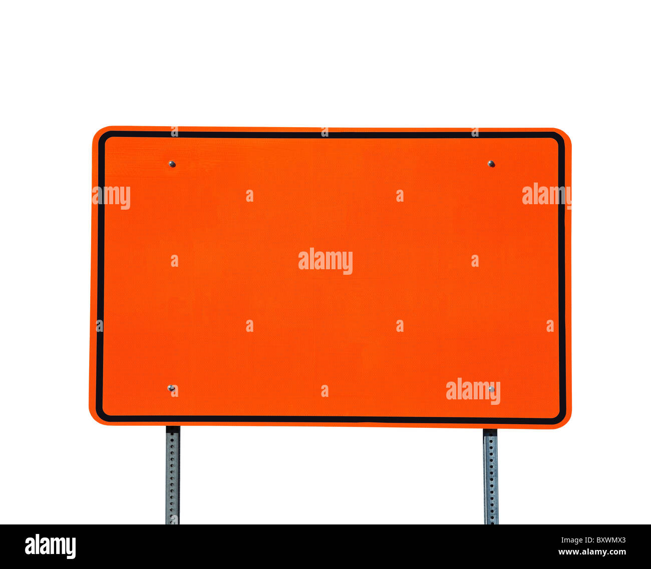 Big blank orange highway road sign isolated on white. Stock Photo
