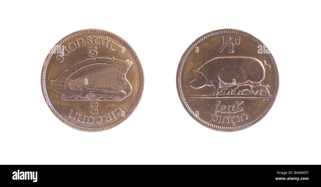 Obverse and reverse sides of a 1935 Irish 1/2d coin with sow pig and ...