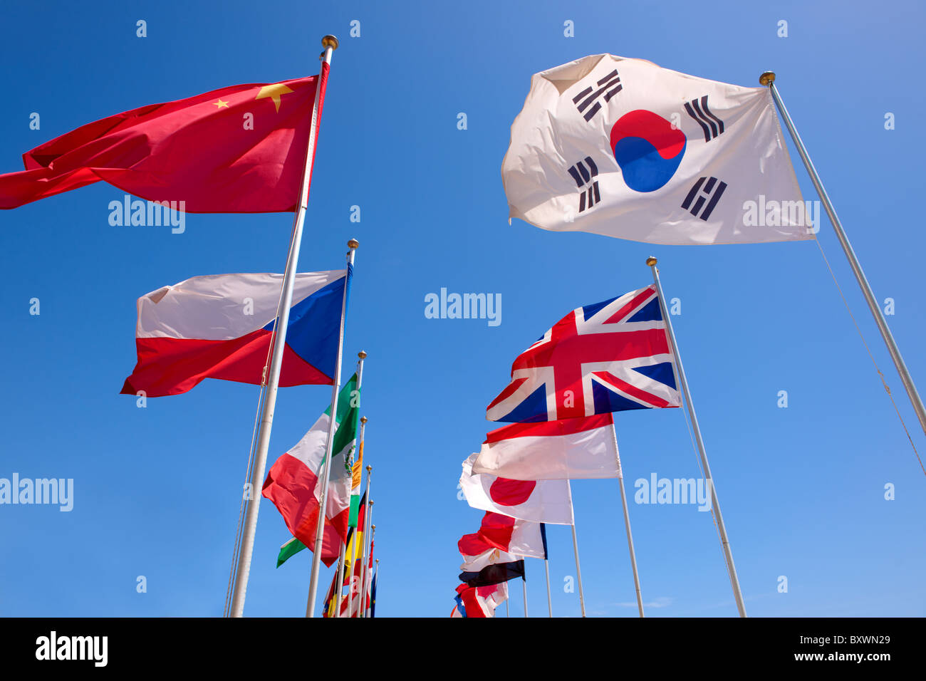 World countries International flags flying Stock Photo
