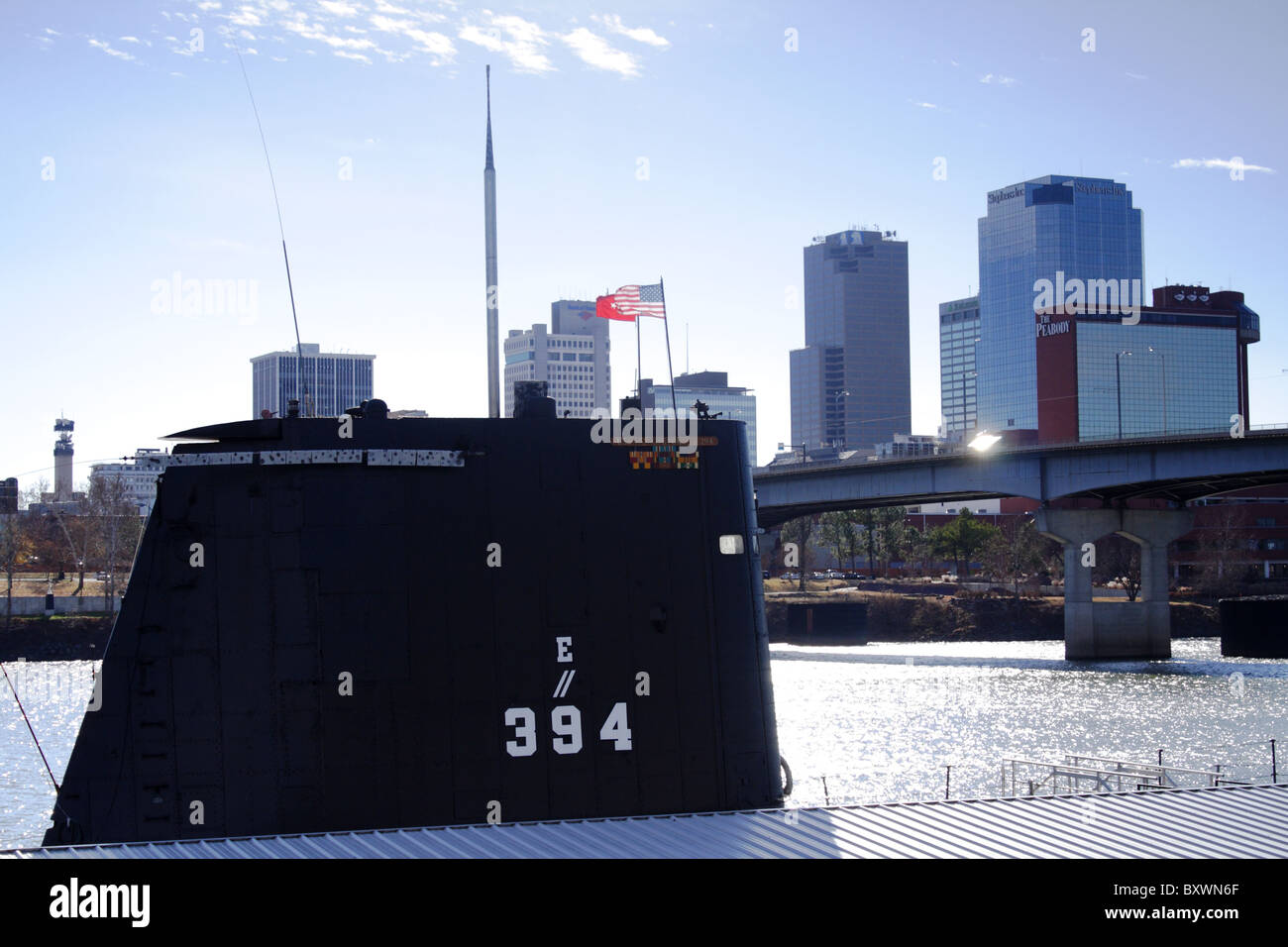 USS Razorback submarine conning tower with the downtown Little Rock and the Arkansas River in the background. Stock Photo
