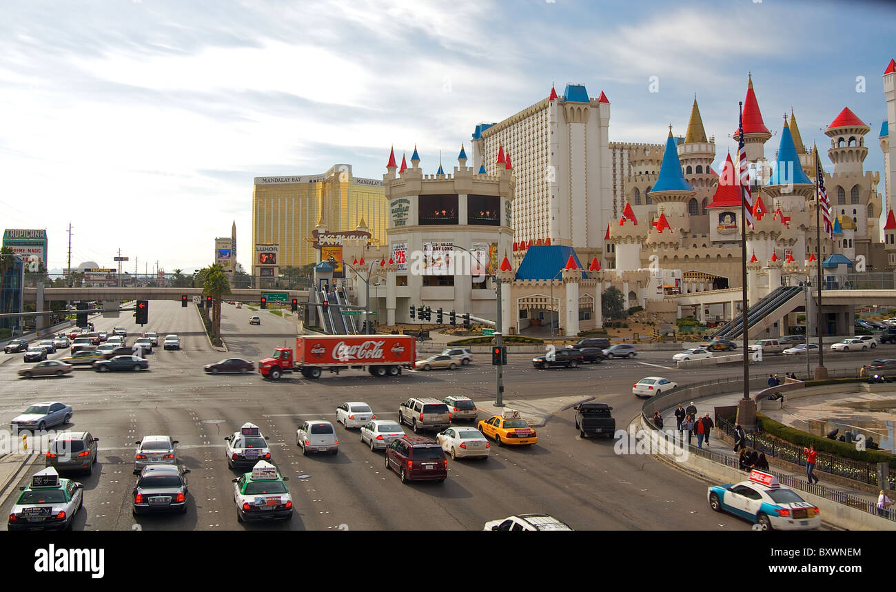 Cars at an intersection on the Las Vegas Strip, near the Excalibur Hotel and Casino Stock Photo