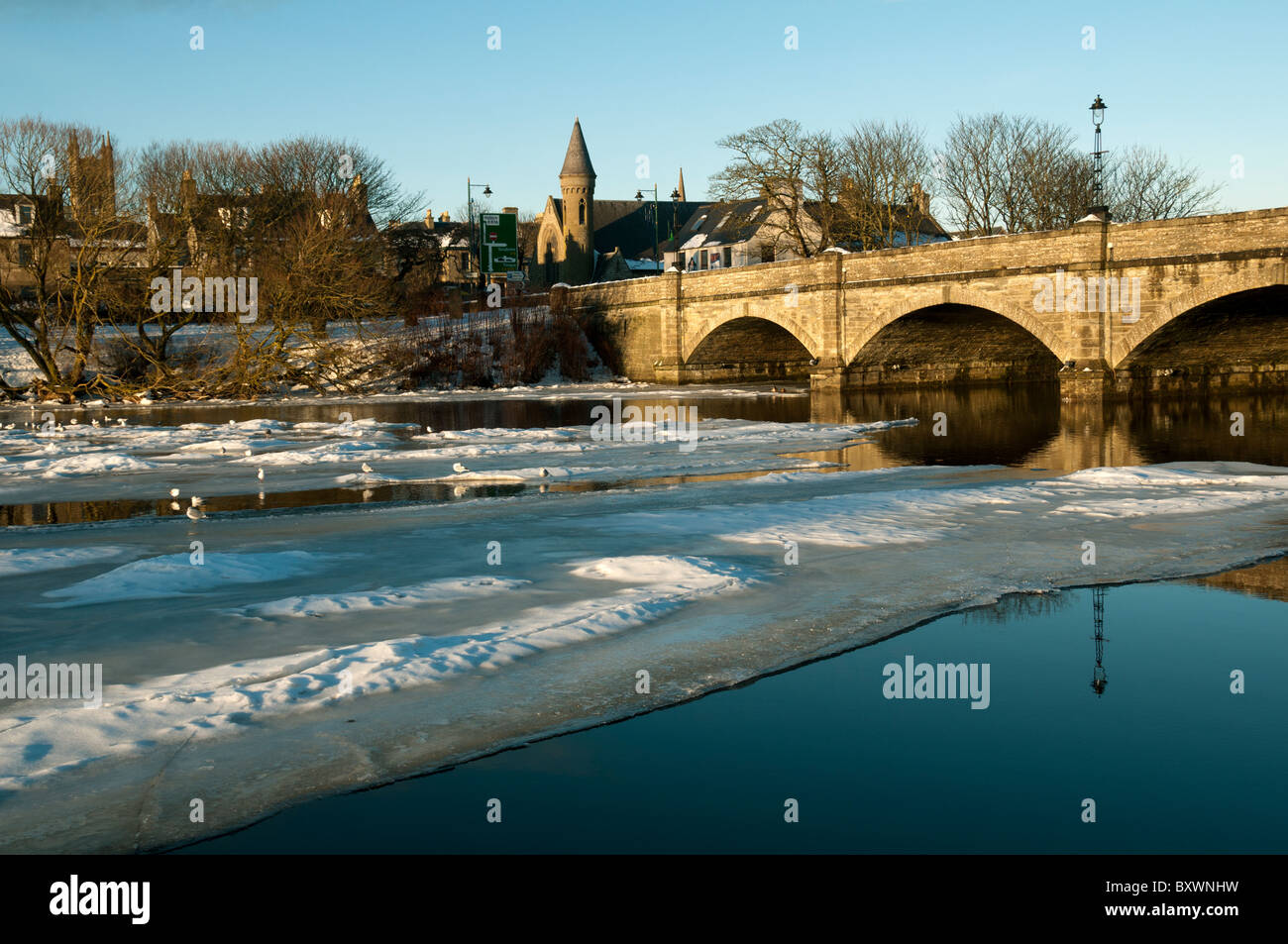 Ice on the Thurso river, Thurso, Caithness, Scotland, UK Stock Photo