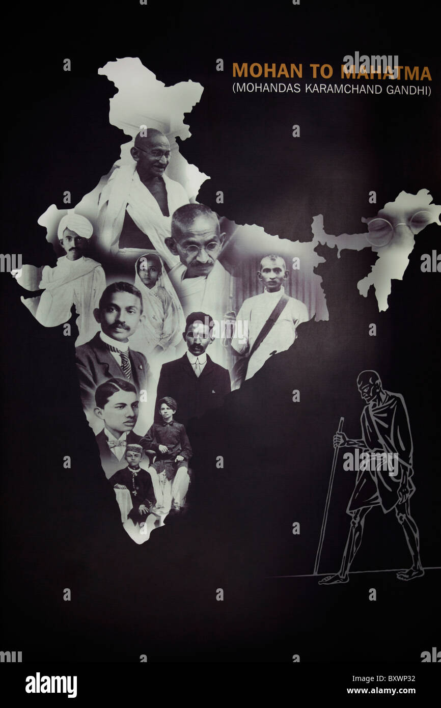 it is a photograph showing evolution of Mohan Das Karam chand Gandhi to Mahatma Gandhi shown in the map of India Stock Photo