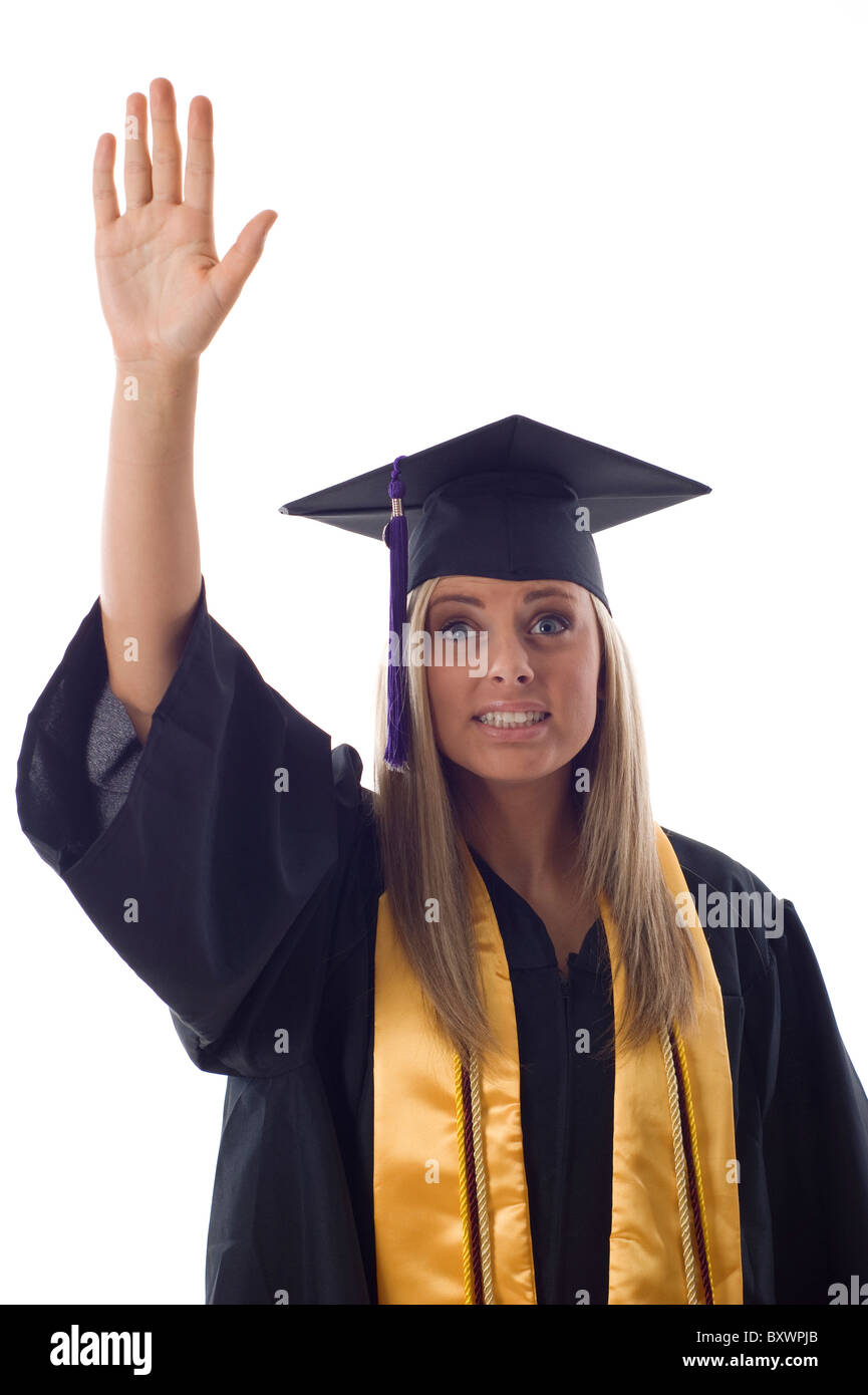 Graduate is raising her hand, she looks a bit worry isolated over a ...