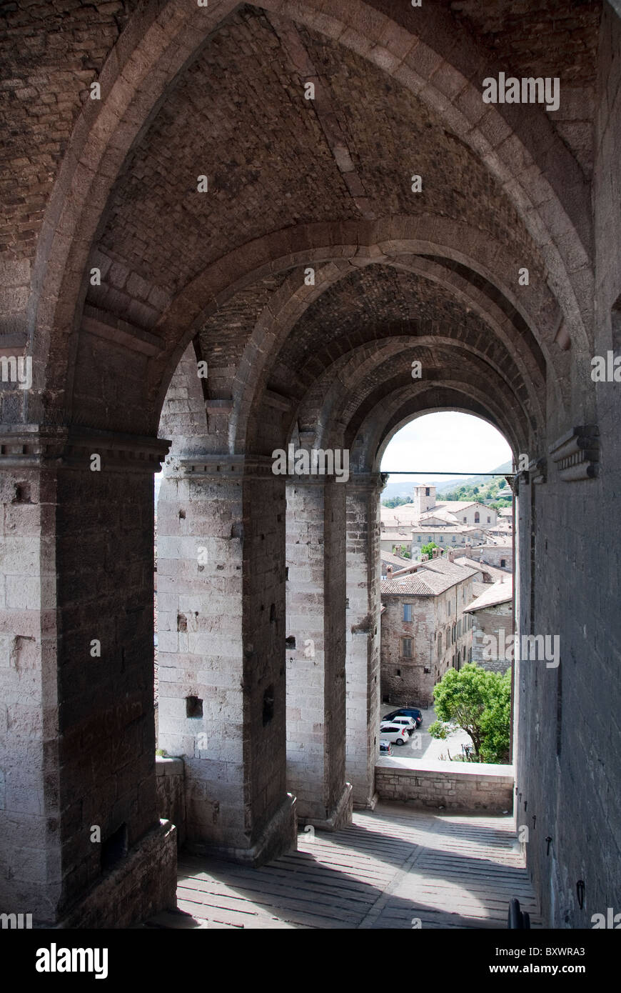 Portico leading from the main Piazza, Gubbio , Umbria Stock Photo