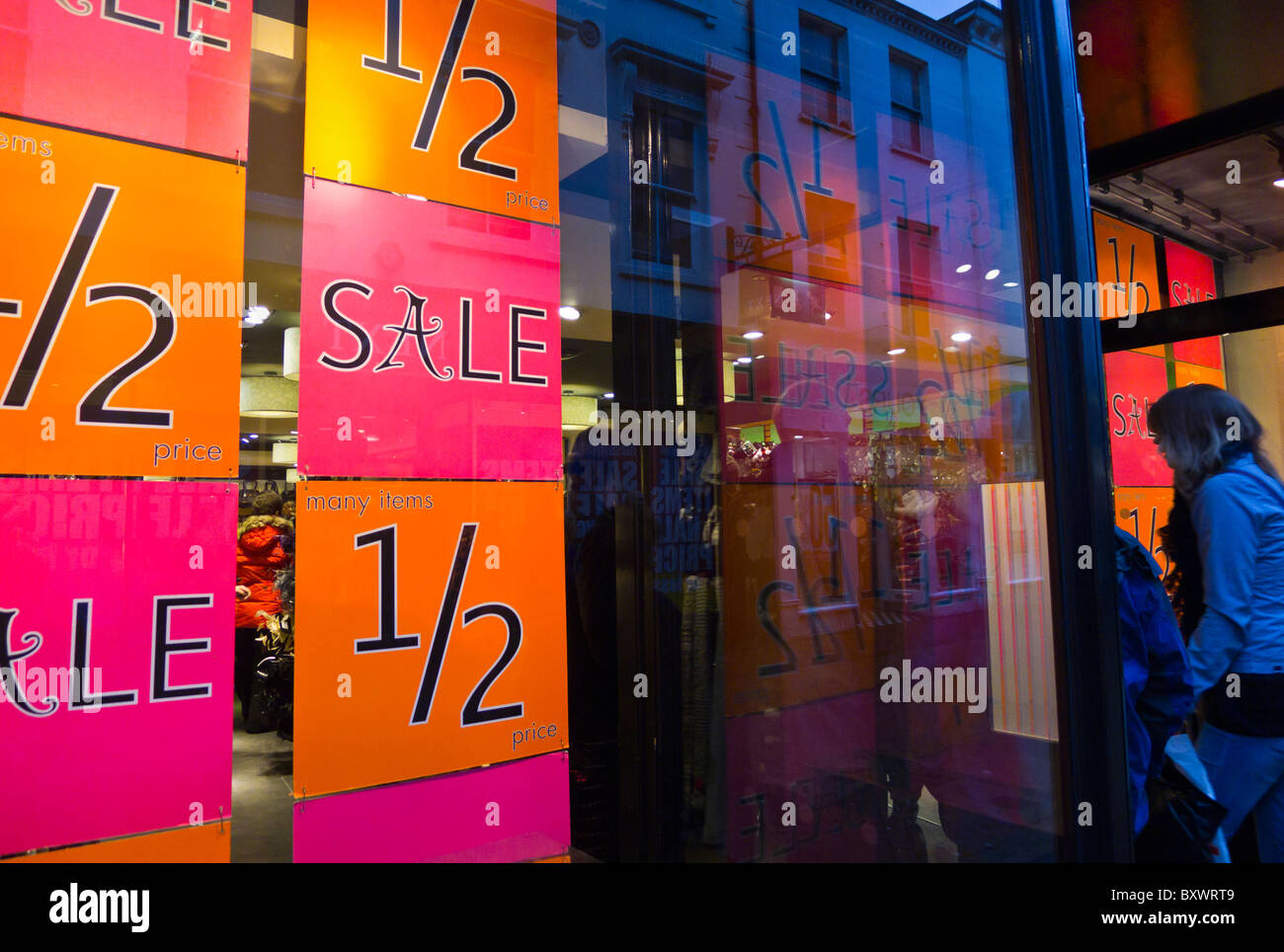 Shop window of an Accessorize store advertising their half price, post Christmas sale. Stock Photo