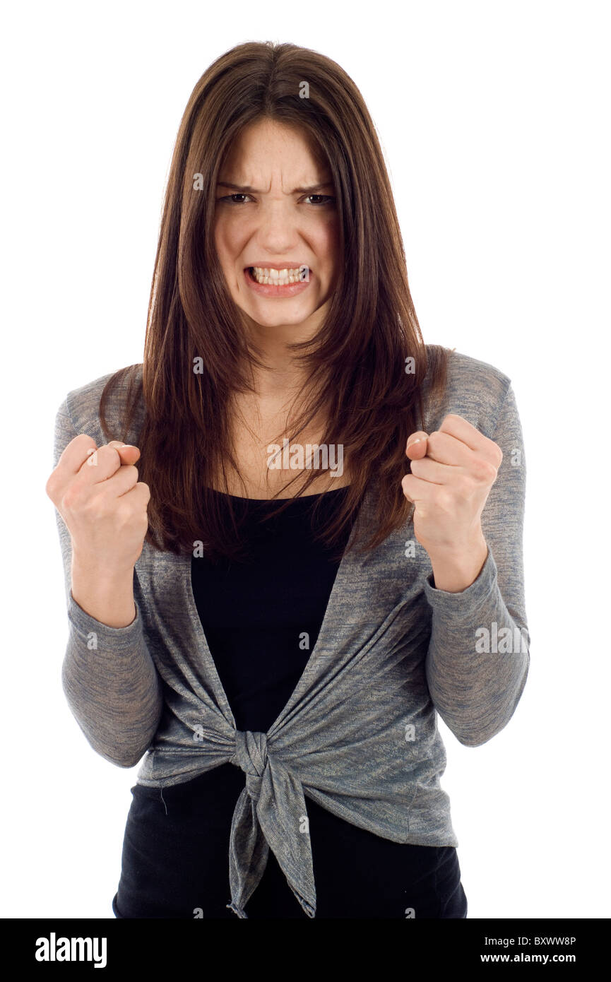 Angry woman clenching her fists isolated on white Stock Photo